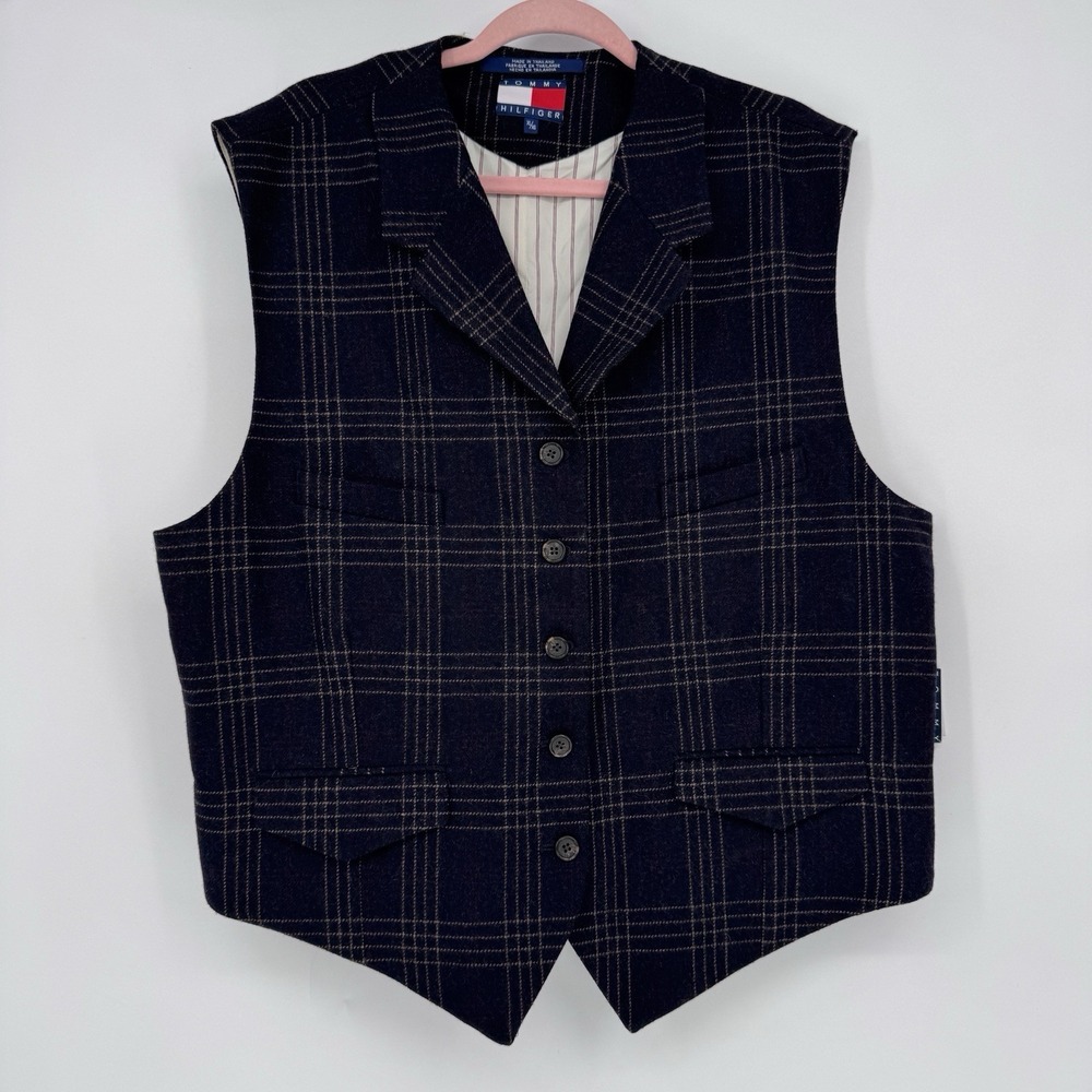 VTG Tommy Hilfiger Men Plaid Vest XL Black Wool Blend Dark Academia Grandpacore